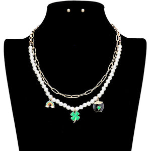 Green St. Patrick's Day Enamel Rainbow Clover Pot of Gold Pendant Double Layered Necklace, This lightweight necklace complements your St. Patrick's Day outfit. Illuminate your St.Patrick's Day party and attract everyones attention. The necklace is perfect for St. Patrick's Day party, night parties, carnivals.