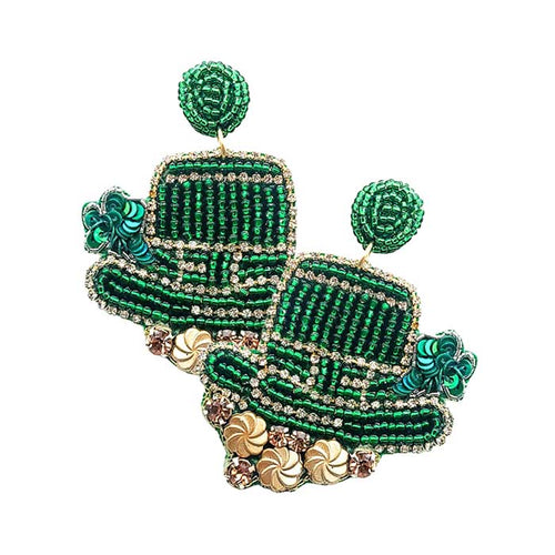 St. Patrick's Day Felt Back Beaded Hat Dangle Earrings - Green