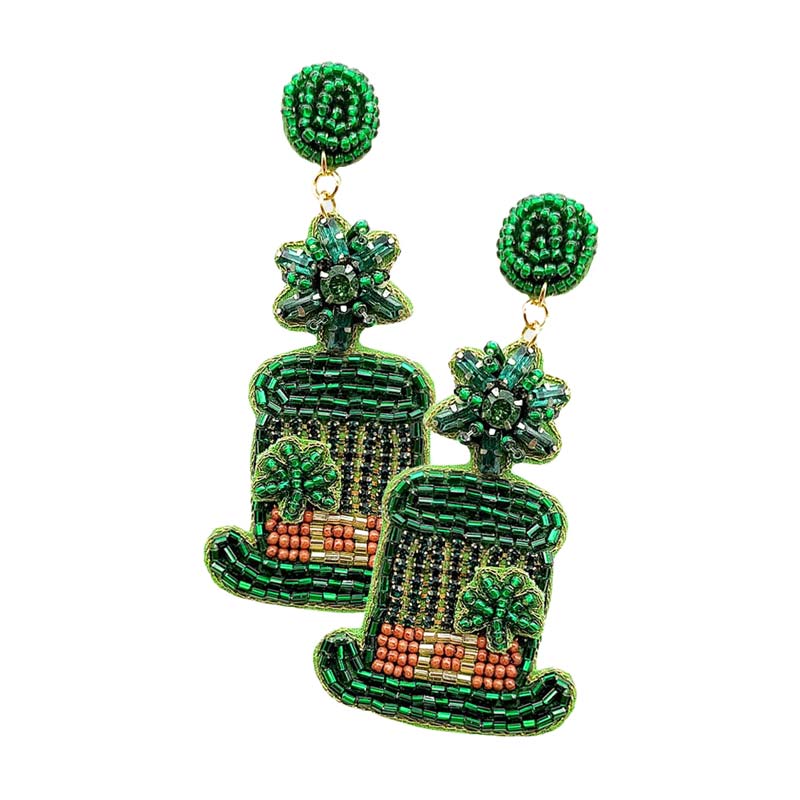 Green St. Patrick's Day Felt Back Beaded Hat Dangle Earrings, These adorable felt back beaded hat earrings are a wonderful accessory for your St.Patrick's Day outfit or anytime you need some extra luck! Get into the holiday spirit with our gorgeous handcrafted earrings. This illuminates your St. Patrick's Day party and attracts everyone's attention. Celebrate St Patrick's Day by "wearing the green" with these lucky hat dangle earrings! 