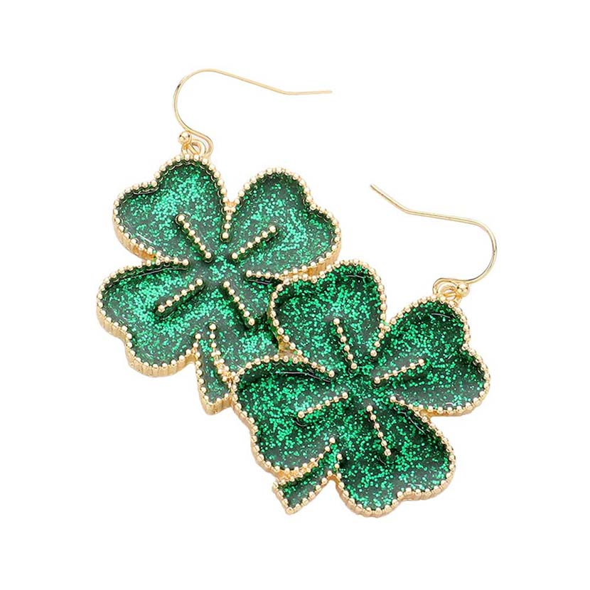 Green St. Patrick's Day Glittered Clover Dangle Earrings, this awesome clover glittered dangle earrings are a wonderful accessory for your St.Patrick's Day outfit or any other occasion where you need some extra luck! These playful clover dangle earrings feature leaf design accents with a lucky green theme.