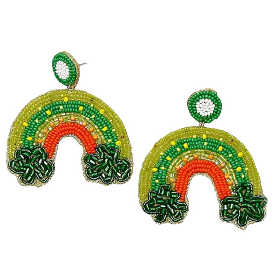 Green St. Patrick's Day Rainbow Seed Bead Earrings, these adorable seed-beaded earrings are a wonderful accessory for your St.Patrick's Day outfit or anytime you need some extra luck! This pair of beaded St.Patrick's Day rainbow earrings will drop effortlessly from the lobe bringing positive attention to that beautiful face. 