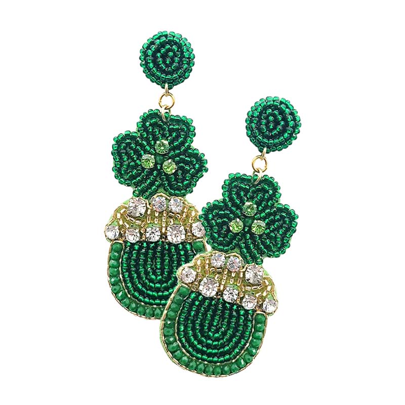 Green St. Patricks Day Beaded Shamrock Pot of Gold Dangle Earrings, These adorable felt-back beaded earrings are a wonderful accessory for your St.Patrick's Day outfit or anytime you need some extra luck! Celebrate St Patrick's Day by "wearing the green" with this lucky pot of gold dangle earrings! 