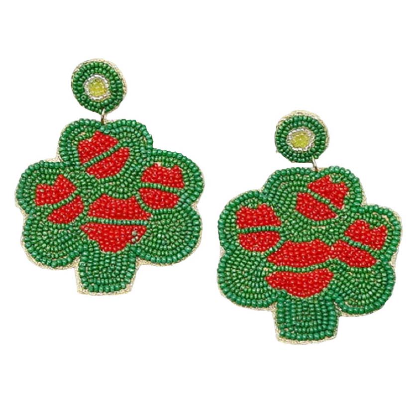 Green St. Patrick's Day Shamrock With Lips Seed Bead Earrings, these adorable beaded shamrock lips earrings are a wonderful accessory for your St.Patrick's Day outfit or anytime you need some extra luck! These playful holiday seed bead earrings feature shamrock & lips design accents with lucky green beads. This pair of Seed beaded St.Patrick's Day shamrock earrings will drop effortlessly from your lobe to make you stand out bringing positive attention to that beautiful face.