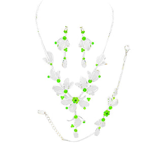 Green Stone Accented Metal Mesh Petal Jewelry Set, These Necklace jewelry sets are Elegant. Get ready with these beautifully floral detailed stone Necklace and a bright Bracelet, adds a gorgeous glow to any outfit. Stunning jewelry set will sparkle all night long making you shine out like a diamond. Suitable for wear Party, Wedding, Date Night or any special events. Perfect Birthday, Anniversary, Prom Jewelry, Thank you Gift. 
