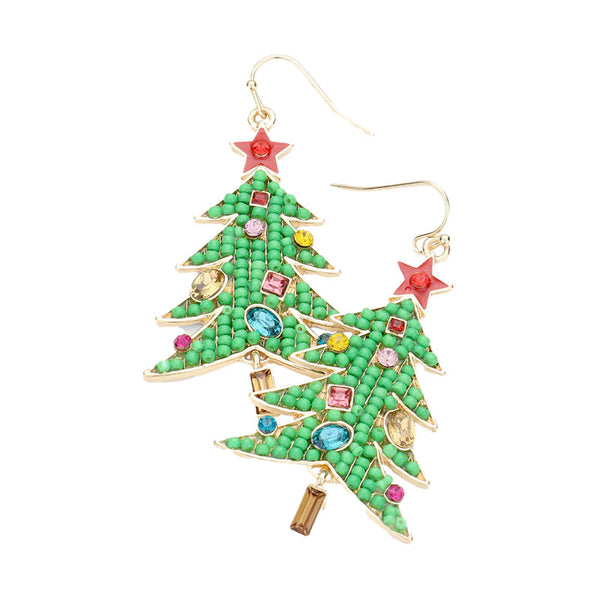 Green Stone Embellished Seed Beaded Christmas Tree Dangle Earrings. Christmas is right around the corner, get ready with these bright post back earrings, add a pop of color to your ensemble. Perfect Birthday Gift, Anniversary Gift, Loved One Gift, Mother's Day Gift, Anniversary Gift, Graduation Gift.