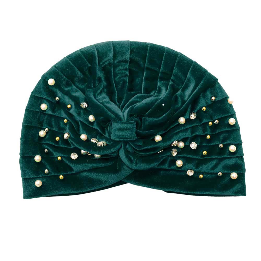 Green Stone Pearl Detailed Pleated Turban Beanie Hat, is perfectly cozy and trendy that beautifully made with abstract patterns, and meets your chosen goal to keep you stand out. It keeps you warm and toasty while running out the door in the cool air saving you from chill and dust. It perfectly fits your head. A beautiful winter gift accessory for Birthdays, Christmas, Stocking stuffers, Secret Santa, holidays, anniversaries, Valentine's Day, etc. Stay toasty with perfect warmth!