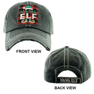 Greem Tartan Check MAMA ELF Vintage Baseball Cap. Fun cool Christmas themed vintage cap. Perfect for walks in sun, great for a bad hair day. The distressed frayed style with faded color gives it an awesome vintage look. Soft textured, embroidered message with fun statement will become your favorite cap.