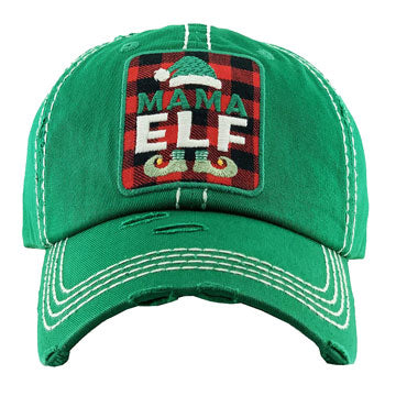 Red Tartan Check MAMA ELF Vintage Baseball Cap. Fun cool Christmas themed vintage cap. Perfect for walks in sun, great for a bad hair day. The distressed frayed style with faded color gives it an awesome vintage look. Soft textured, embroidered message with fun statement will become your favorite cap.