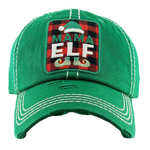 Green Tartan Check MAMA ELF Vintage Baseball Cap. Fun cool Christmas themed vintage cap. Perfect for walks in sun, great for a bad hair day. The distressed frayed style with faded color gives it an awesome vintage look. Soft textured, embroidered message with fun statement will become your favorite cap.