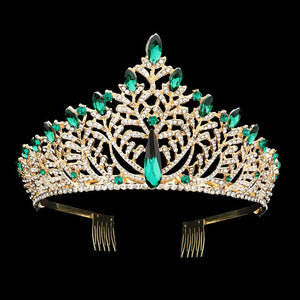 Green Teardrop Marquise Stone Accented Leaf Cluster Princess Tiara, the accented leaf cluster princess tiara is a classic royal tiara made from gorgeous marquise stone is the epitome of elegance. Exquisite design with gorgeous color and brightness, makes you more eye-catching in the crowd and also it will make you more charming and pretty without fail.