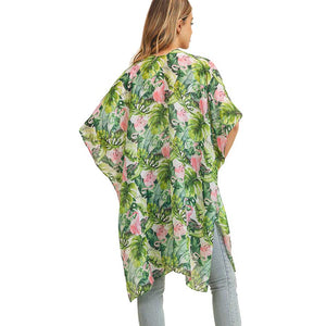 Green Tropical Leaf Flamingo Printed Cover Up Kimono Poncho. Lightweight and soft brushed exterior fabric that make you feel more comfortable. Cute and trendy Poncho for women. Great for dating, hanging out, daily wear, vacation, travel, shopping, holiday attire, office, work, outwear, fall, spring or early winter. Perfect Gift for Wife, Mom, Birthday, Holiday, Anniversary, Fun Night Out.