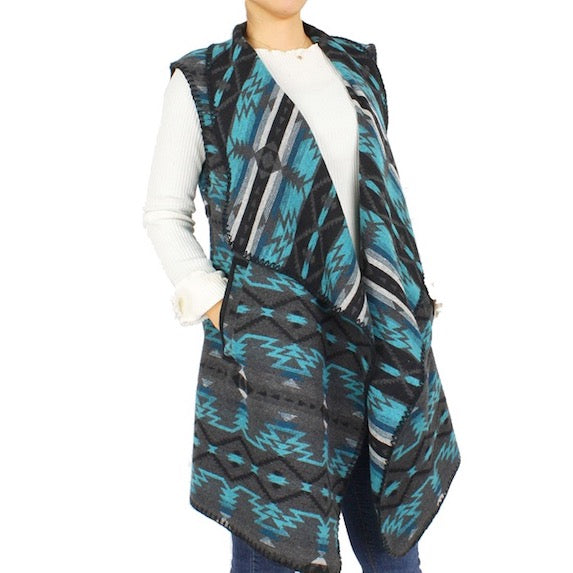 Green Western Knit Print Tribal Pattern Stylish Pocket Vest Outwear Cover Up; the perfect accessory, luxurious, trendy, super soft chic capelet, keeps you warm & toasty. You can throw it on over so many pieces elevating any casual outfit! Perfect Gift Birthday, Holiday, Christmas, Anniversary, Wife, Mom, Special Occasion