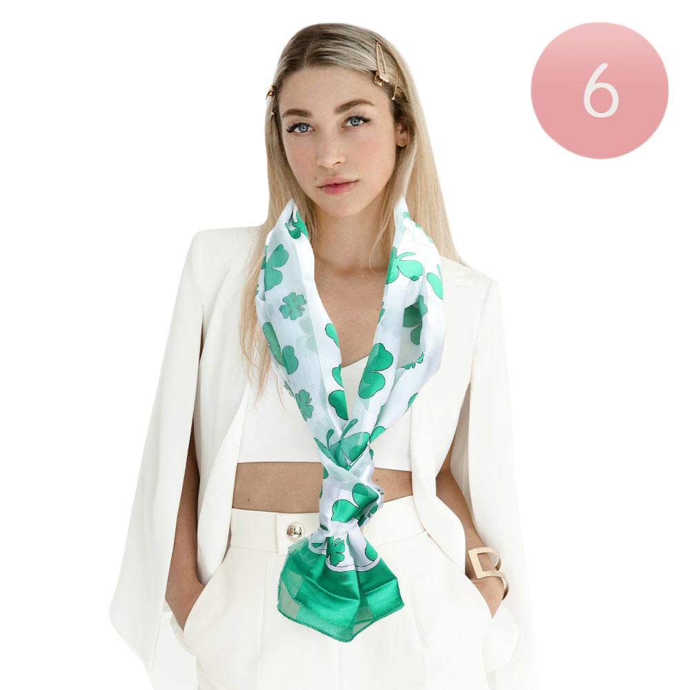Green White 6PCS Satin Striped St. Patrick's day Clover Scarf, perfect to accent your outlook with the St. Patrick's day Clover scarves & show your love for the Irish. The luck of the Irish will be with you this year while wearing this clover-themed silk scarf. These cute scarf shamrocks are the perfect accessory to finish off any festive look. Show your Irish pride & make you look stand out.