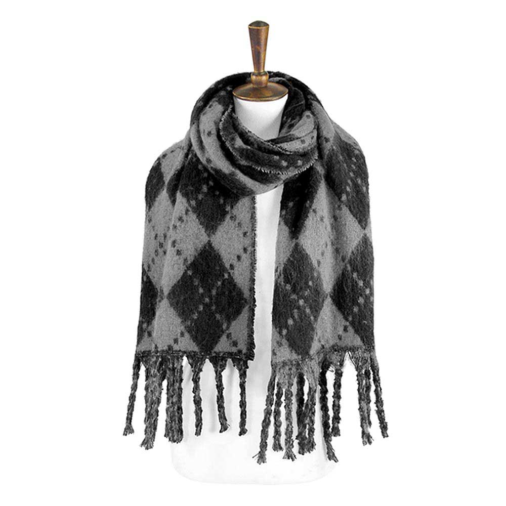Grey Argyle Print Oblong Scarf With Fringe, this stylish scarves featuring Argyle Print with fringe combines great fall style with comfort and warmth. Whether you need a little something around your shoulders on a chilly weather or a fashionable Oblong scarves to compliment any outfit are what you need. The super soft acrylic gives them a luxurious feel. Awesome winter accessory gift idea.