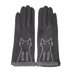 Grey Faux Suede Embroidery Cat Detail Solid Smart Touch Gloves, stylish, chic, glam and soft suede feel, the perfect accessory to complete any outfit. Keep your hands warm while staying stylish. Great gift for a loved one, a cat lover or yourself! Touchscreen compatible fingertip. Navy, Beige, Black, Pink, Burgundy, Gray