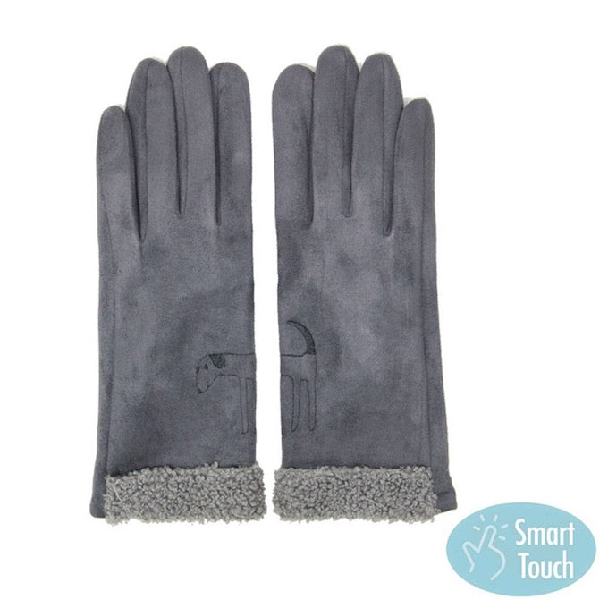 Grey Embroidery Dog Suede Boucle Fur Detailed Cuff Warm Winter Smart Gloves, gives your look so much eye-catching texture w cool design, a cozy feel, fashionable, attractive, cute looking in winter season, these warm accessories allow you to use your phones. Perfect Birthday Gift, Valentine's Day Gift, Anniversary Gift, Just Because Gift