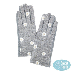 Grey Embroidery Flower Pattern Floral Stitched Warm Smart Touch Tech Gloves, gives your look so much eye-catching texture w cool design, a cozy feel, fashionable, attractive, cute looking in winter season, these warm accessories allow you to use your phones. Perfect Birthday Gift, Valentine's Day Gift, Anniversary Gift, Just Because Gift