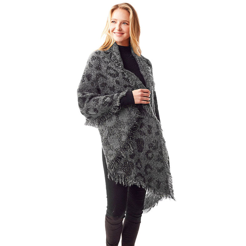 Grey Fall Winter Leopard Patterned Spangled Shawl, the perfect accessory, luxurious, trendy, super soft chic capelet, keeps you warm and toasty. You can throw it on over so many pieces elevating any casual outfit! Perfect Gift for Wife, Mom, Birthday, Holiday, Christmas, Anniversary, Fun Night Out