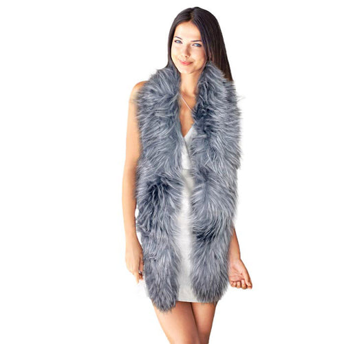 Long Faux Furry Layover Scarf - Grey