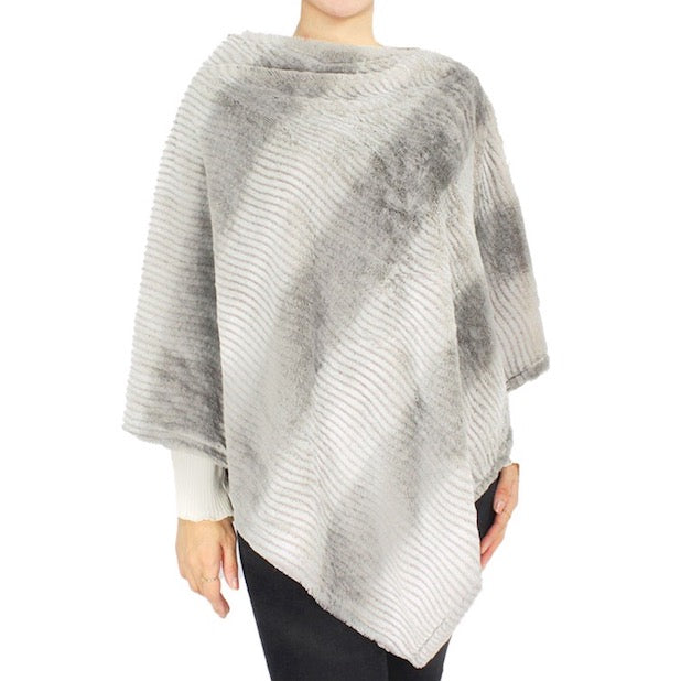Grey Ombre Striped Pattern Faux Fur Poncho Faux Fur Ombre Outwear Ruana Cape, the perfect accessory, luxurious, trendy, super soft chic capelet, keeps you warm & toasty. You can throw it on over so many pieces elevating any casual outfit! Perfect Gift Birthday, Holiday, Christmas, Anniversary, Wife, Mom, Special Occasion