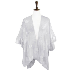 Grey Paisley Patterned Sheer Ruffle Sleeves Cover Up Kimono Poncho, The lightweight Kimono poncho top is made of soft and breathable Polyester material. short sleeve swimsuit cover up with open front design, simple basic style, easy to put on and down. Perfect Gift for Wife, Mom, Birthday, Holiday, Anniversary, Fun Night O