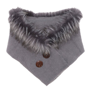 Grey Romy Soft Warm Faux Fur Collar Scarf Double Button Detail Scarf Scarf Faux Fur Shrug, warm cozy over the shoulder scarf, plushy addition to any cold-weather ensemble, adds a modern touch to the cozy style with a furry faux fur accent. Put over jacket, jazz up your look. Perfect Gift Birthday, Christmas, Holiday, Anniversary, Loved One