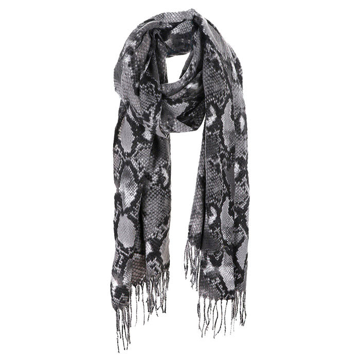 Grey Snake Skin Print Tassel Oblong Scarf, Accent your look with this soft, highly versatile scarf. Great for daily wear in the cold winter to protect you against chill, classic infinity-style scarf & amps up the glamour with plush material that feels amazing snuggled up against your cheeks.