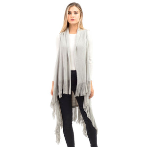 Grey Knit Design Solid Fringe Tassel Knit Poncho Outwear Ruana Cape Vest, the perfect accessory, luxurious, trendy, super soft chic capelet, keeps you warm & toasty. You can throw it on over so many pieces elevating any casual outfit! Perfect Gift Birthday, Holiday, Christmas, Anniversary, Wife, Mom, Special Occasion