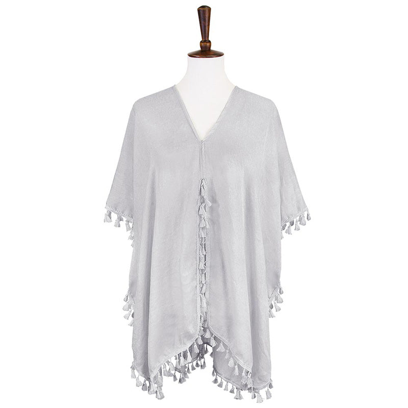 Grey Tassel Trimmed Solid Cover Up, Luxurious, trendy, super soft chic capelet, keeps you warm and toasty. You can throw it on over so many pieces elevating any casual outfit! Perfect Gift for Wife, Birthday, Holiday, Christmas, Anniversary, Fun Night Out.