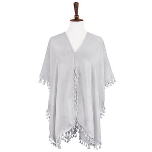 Grey Tassel Trimmed Solid Cover Up, Luxurious, trendy, super soft chic capelet, keeps you warm and toasty. You can throw it on over so many pieces elevating any casual outfit! Perfect Gift for Wife, Birthday, Holiday, Christmas, Anniversary, Fun Night Out.