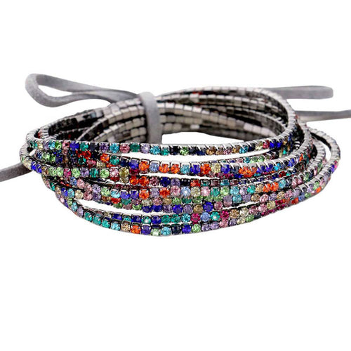12PCS Ribbon Colorful Rhinestone Layered Stretch Bracelets - Hematite