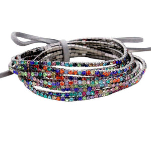 Hematite 12PCS Ribbon Colorful Rhinestone Layered Stretch Bracelets. This Rhinestone Stretch Bracelet sparkles all around with it's surrounding round stones, stylish stretch bracelet that is easy to put on, take off and comfortable to wear. It looks modern and is just the right touch to set off LBD. Perfect jewelry to enhance your look. Awesome gift for birthday, Anniversary, Valentine’s Day or any special occasion.