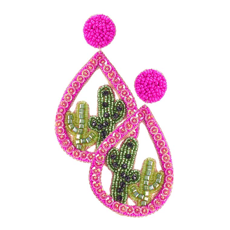 Pink Beaded Cactus Accented Teardrop Dangle Earrings, you'll look like the ultimate fashionista with these beautiful cactus earrings! Add something special to your outfit! Ideal for parties, weddings, graduation, prom, and holidays, pair these studs back earrings with any ensemble for a polished look. These earrings pair perfectly with any ensemble from business casual, to a night out on the town or a black-tie party