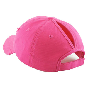 Hot Pink Distressed Baseball Cap, Hot Pink Vintage Ponytail Baseball Cap, comfy vintage cap great for a bad hair day, pull your bun or ponytail thru the back opening, great for keeping your hair away from face while exercising, running, playing sports or just taking a walk. Perfect Birthday Gift, Mother's Day Gift, Anniversary Gift, Thank you Gift, Graduation Gift