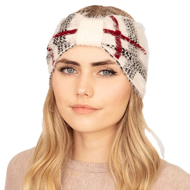 Ivory Plaid Check Patterned Earmuff Headband. Ear warmer will shield your ears from cold winter weather ensuring all day comfort. Ear band is soft, comfortable and warm adding a touch of sleek style to your look, show off your trendsetting style when you wear this ear warmer and be protected in the cold winter winds.