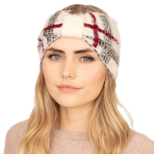 Ivory Plaid Check Patterned Earmuff Headband. Ear warmer will shield your ears from cold winter weather ensuring all day comfort. Ear band is soft, comfortable and warm adding a touch of sleek style to your look, show off your trendsetting style when you wear this ear warmer and be protected in the cold winter winds.
