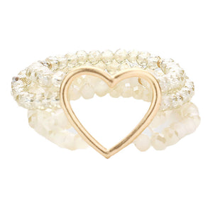 Ivory Open Metal Heart Accented Multi Layered Faceted Beaded Stretch Bracelet. Beautifully crafted design adds a gorgeous glow to any outfit. Jewelry that fits your lifestyle! Perfect Birthday Gift, Anniversary Gift, Mother's Day Gift, Anniversary Gift, Graduation Gift, Prom Jewelry, Just Because Gift, Thank you Gift.