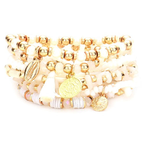 Ivory 10pcs Pearl Multi Bead Puka Shell Coin Tassel Stretch Layered Stackable Bracelets; these stackable bracelets can light up any outfit, and make you feel absolutely flawless, while adding a pop of color to your ensemble. Perfect Birthday Gift, Anniversary Gift, Mother's Day Gift, Thank you Gift, Loved One Gift, Just Because Gift