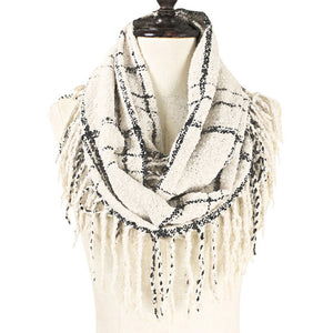 Ivory 2-Tone Plaid Infinity W/Fringe, on trend & fabulous, a luxe addition to any cold-weather ensemble. Great for daily wear in the cold winter to protect you against chill, classic infinity-style scarf & amps up the glamour with plush material that feels amazing snuggled up against your cheeks.