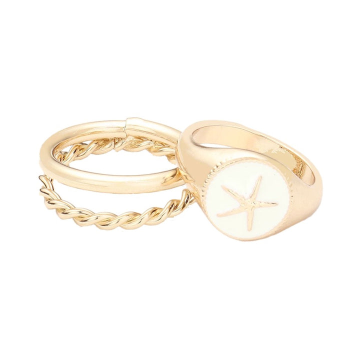 Ivory 2PCS Starfish Accented Enamel Round Split Metal Stylish Mixed Rings; these beautiful metal rings show off your trendsetting style; show your fashion sense with this high-polish ring set with enamel starfish detail, etched and polished design. Perfect for Birthdays, Anniversary, Mother's Day, Vacation, Just Because Gift