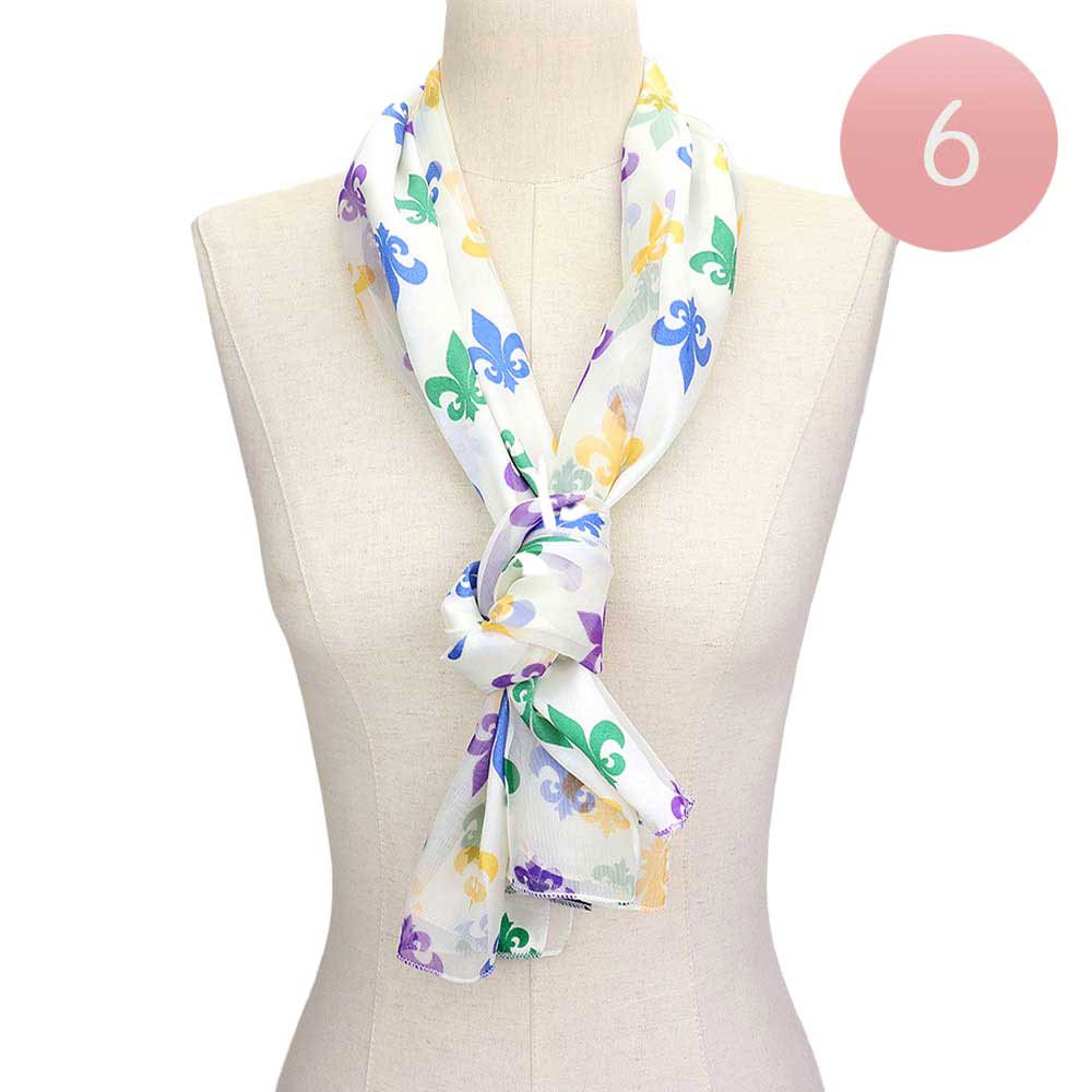 Ivory 6PCS Silk Satin Mardi Gras Fleur de Lis Patterned Scarves, are beautifully designed with Fleur De Lis that will add a festive look and the color combination make you stand out. Wear these beautiful Mardi Gras-themed scarves to get immediate compliments. Highlight your appearance and grasp everyone's eye at any place.