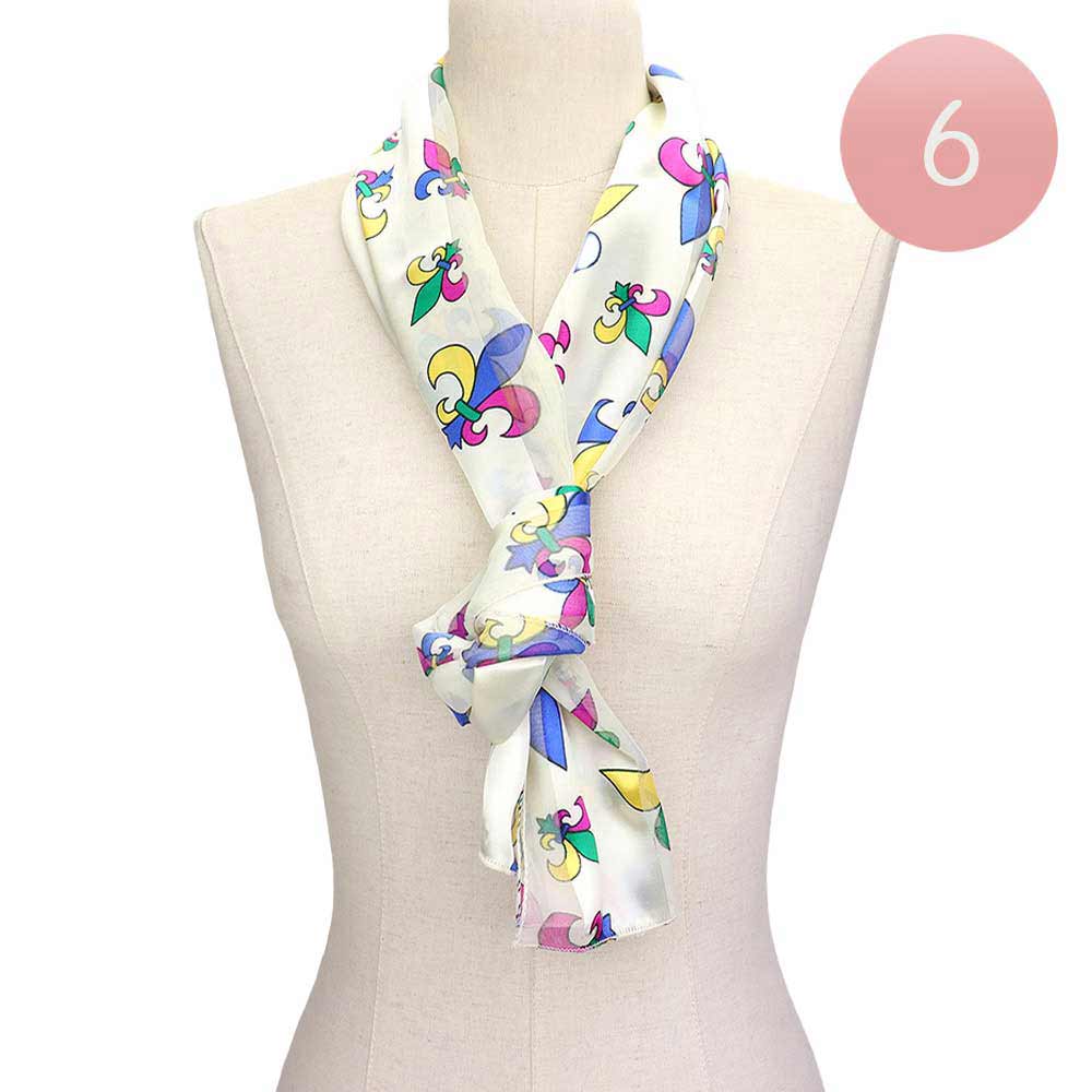 Ivory 6PCS Silk Satin Mardi Gras Fleur de Lis Patterned Scarves, is beautifully designed with Fleur De Lis that will add a festive look and the color combination make you stand out. Wear these beautiful Mardi Gras-themed Scarves to get immediate compliments. Highlight your appearance and grasp everyone's eye at any place.