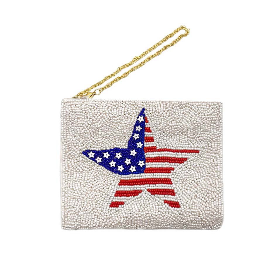 Ivory American USA Flag Star Seed Beaded Mini Pouch Bag, looks like the ultimate fashionista when carrying this Star Seed Beaded Mini Pouch Bag, is great for when you need something small to carry or drop in your bag. It's a Perfect birthday gift, anniversary gift, Mother's Day gift, holiday getaway, or any other occasion.