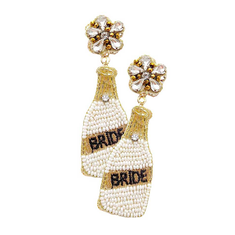 Ivory BRIDE Felt Back Seed Beaded Champagne Dangle Earrings, This Champagne earring will glow up your special occasion, stylist and fashionable beaded handcrafted jewelry that fits your lifestyle, Dangle earring add extra special to your outfit! Enhance your attire with these beautiful artisanal wedding & bridal themed earrings to show off your fun trendsetting style. Lightweight and comfortable for wearing. Perfect for New Year's Eve Party, bachelorette party, Christmas Holiday Party and Celebration.