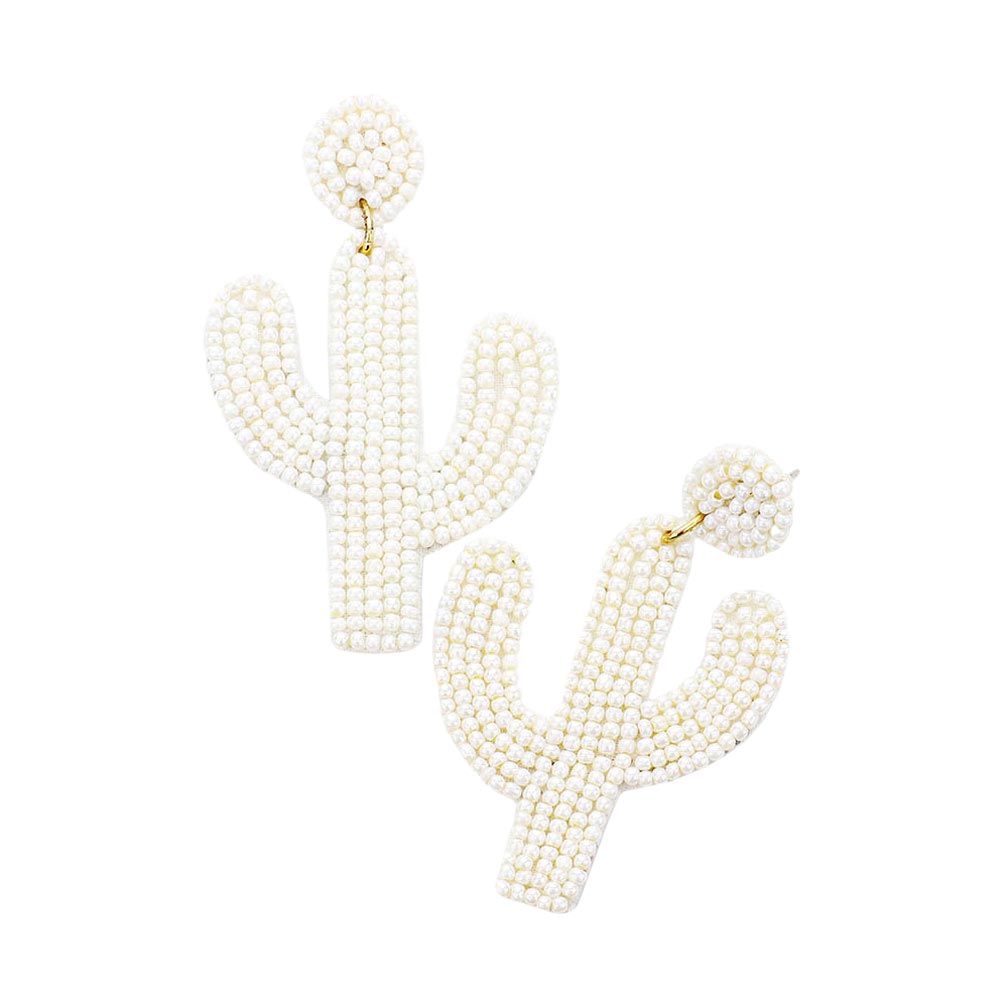 Ivory Beaded Cactus Drop Dangle Earrings, It's made of beads. Light weight and comfortable to wear, adopt to current popular trend element of beads, give you charming look and win more compliments, With this vibrant color earring, show off for a day at the beach, Summer pretty! These Fashion and stylish Cactus Earrings suitable for work, party, business, travel, daily using and so on.