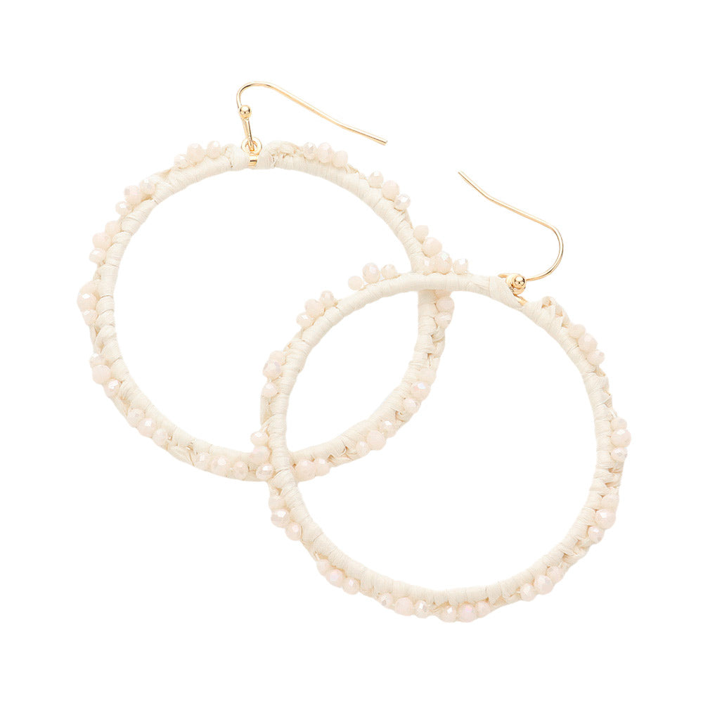 Ivory Beaded Pointed Raffia Wrapped Open Circle Dangle Earrings, enhance your attire with these beautiful raffia-wrapped dangle earrings to show off your fun trendsetting style. It can be worn with any daily wear such as shirts, dresses, T-shirts, etc. These raffia open-circle dangle earrings will garner compliments all day long. Whether day or night, on vacation, or on a date, whether you're wearing a dress or a coat, these earrings will make you look more glamorous and beautiful. 