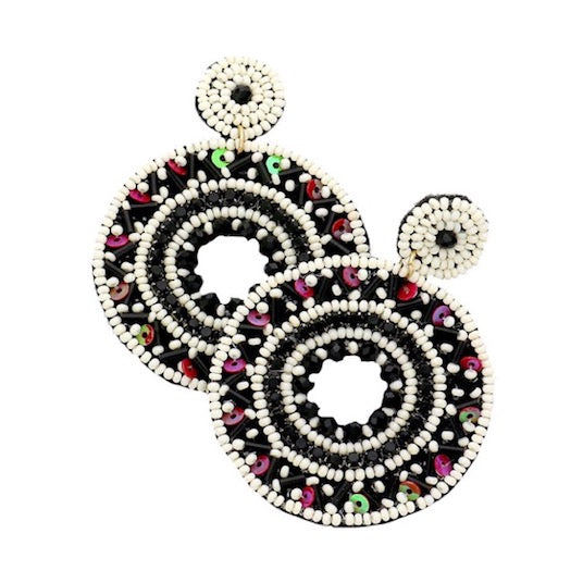 Ivory Boho Sequin Multi Beaded Detailed Open Circle Statement Dangle Earrings, jewelry that fits your lifestyle, adding pop of color. Enhance your attire with the vibrant handcrafted beautiful modish statement jewelry! Perfect Birthday Gift, Anniversary, Christmas Present, Vacation Attire, Just Because Gift, Funky Jewelry