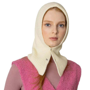 Ivory Buttoned Snood Hat, This classic snood will provide warmth and comfort in the winter and cold days. Comfortable and lightweight, made with breathable fabric. It is shaped to fit around collars and has a neck cord with a toggle to ensure a comfortable fit. The fabulous & stylish knitting pattern makes it fantastic. A hat and snood will become a favorite accessory in cold weather for every day indoors and outer. 
