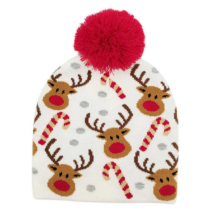 Ivory Christmas Reindeer Candy Cane Pom Knit Beanie Hat, The Christmas reindeer themes beanies are so adorably and fun. Let's Celebrate the holiday season as soon as the temperature drops with this festive hats. Whether it's a chic holiday dress or dressing up as an elf, this hat is versatile. A super cute and stylish way to show your holiday spirit with a Christmas accent added to any outfit. Excellent winter gift accessory! Perfect Gift Birthday, Christmas, Stocking Stuffer, Secret Santa etc.