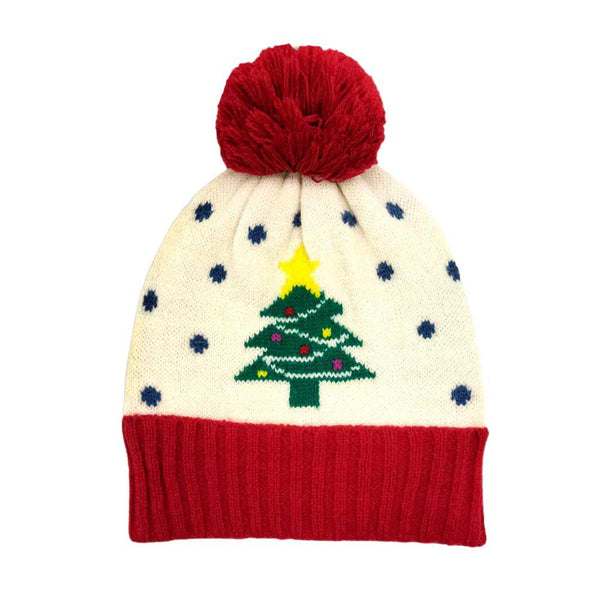 Ivory Christmas Tree Printed Beanie Hat With Yarn Pom, wear before going outside or into the cool air to stay warm and toasty with enriched luxe. You’ll want to reach for this toasty beanie to keep you incredibly warm. Accessorize the fun way with this yarn pom hat. It's the autumnal touch you need to finish your outfit in perfect style. Beautiful winter gift accessory